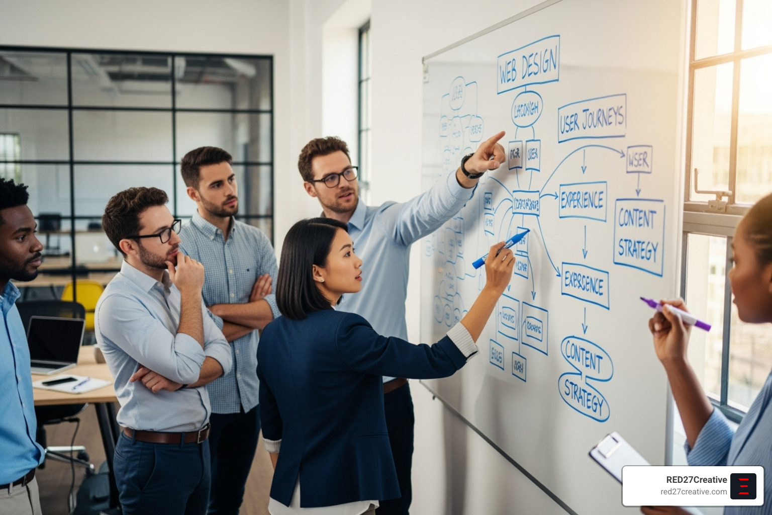 Image of a whiteboard with a website strategy session in progress - IT consulting website design Image of a whiteboard with a website strategy session in progress - IT consulting website design