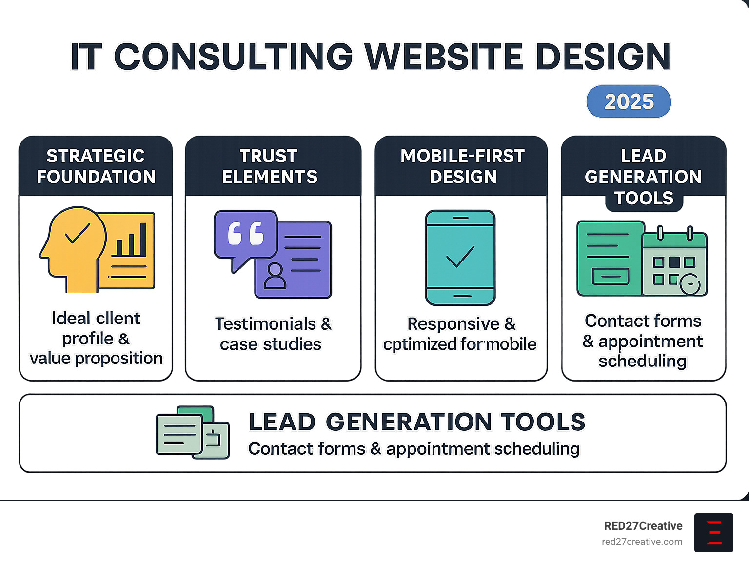 Infographic showing the essential components of high-converting IT consulting website design: strategic foundation with ideal client profile and value proposition, trust elements including testimonials and case studies, mobile-first responsive design, clear calls-to-action placement, and lead generation tools like contact forms and appointment scheduling - IT consulting website design infographic Infographic showing the essential components of high-converting IT consulting website design: strategic foundation with ideal client profile and value proposition, trust elements including testimonials and case studies, mobile-first responsive design, clear calls-to-action placement, and lead generation tools like contact forms and appointment scheduling - IT consulting website design infographic