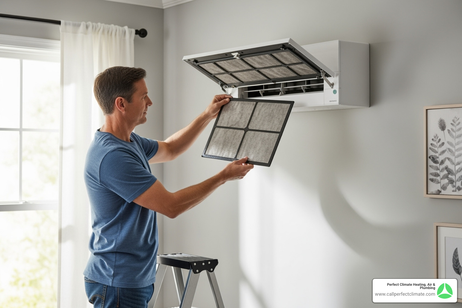 A homeowner checking the air filter on an indoor ductless unit - Ductless AC repair A homeowner checking the air filter on an indoor ductless unit - Ductless AC repair