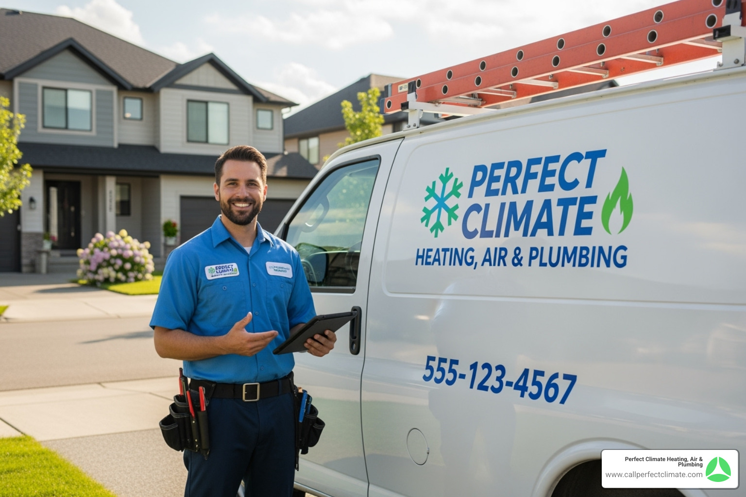 A friendly technician with the Perfect Climate Heating, Air & Plumbing company van in the background - Ductless AC repair A friendly technician with the Perfect Climate Heating, Air & Plumbing company van in the background - Ductless AC repair