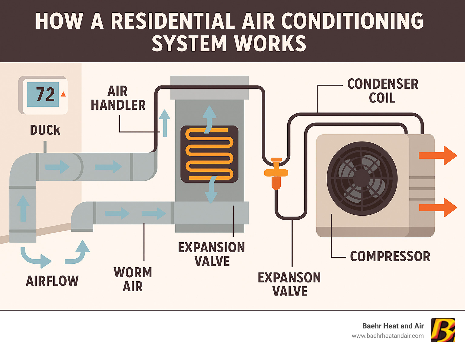 Infographic showing the basic components of a residential air conditioning system including outdoor condenser unit with compressor and condenser coil, indoor evaporator coil in air handler, expansion valve, refrigerant lines connecting components, thermostat control, and ductwork distribution system with arrows showing airflow direction - lincoln air conditioning infographic  Infographic showing the basic components of a residential air conditioning system including outdoor condenser unit with compressor and condenser coil, indoor evaporator coil in air handler, expansion valve, refrigerant lines connecting components, thermostat control, and ductwork distribution system with arrows showing airflow direction - lincoln air conditioning infographic