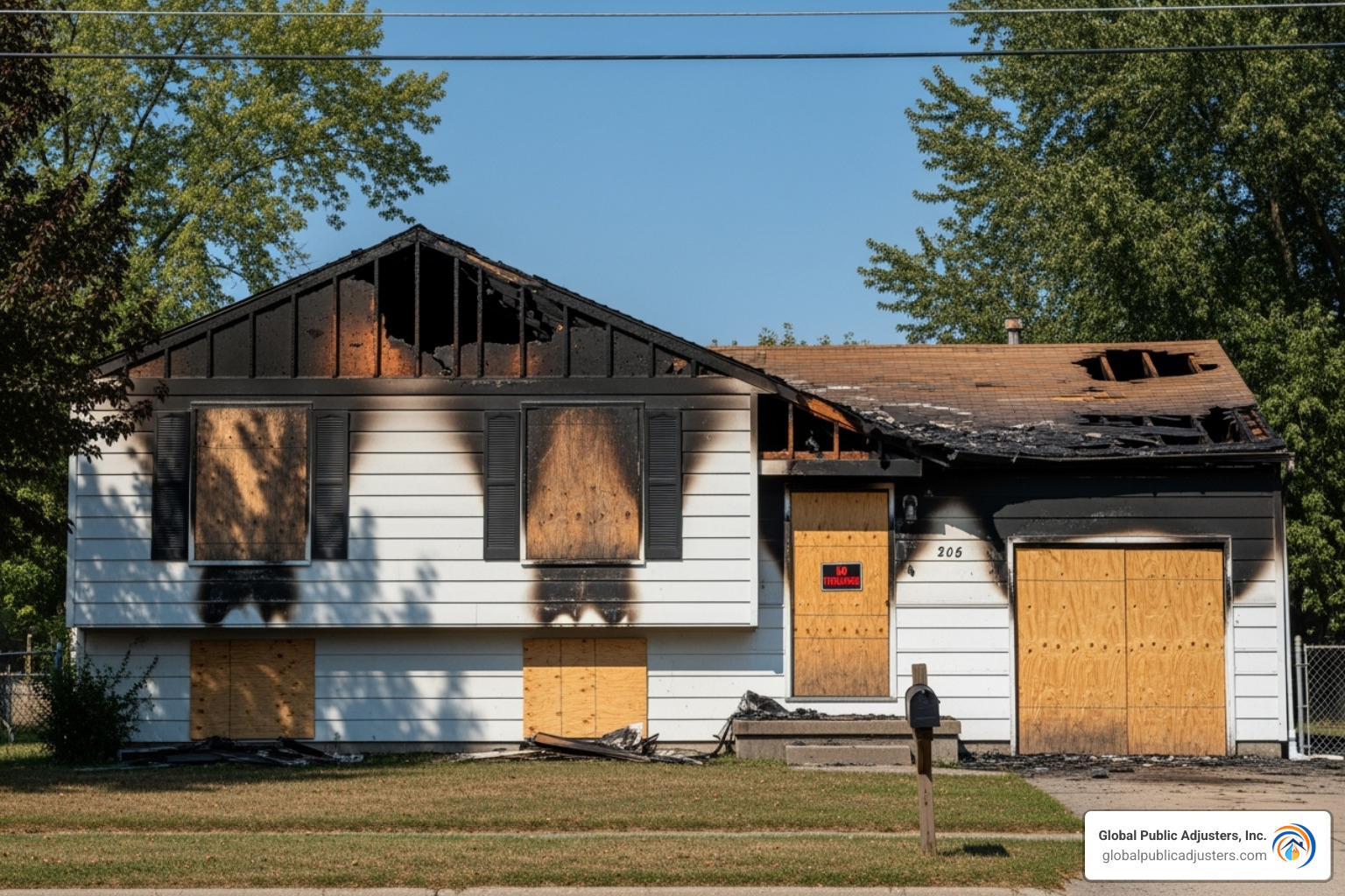home's windows boarded up after a fire - Fire damage claim