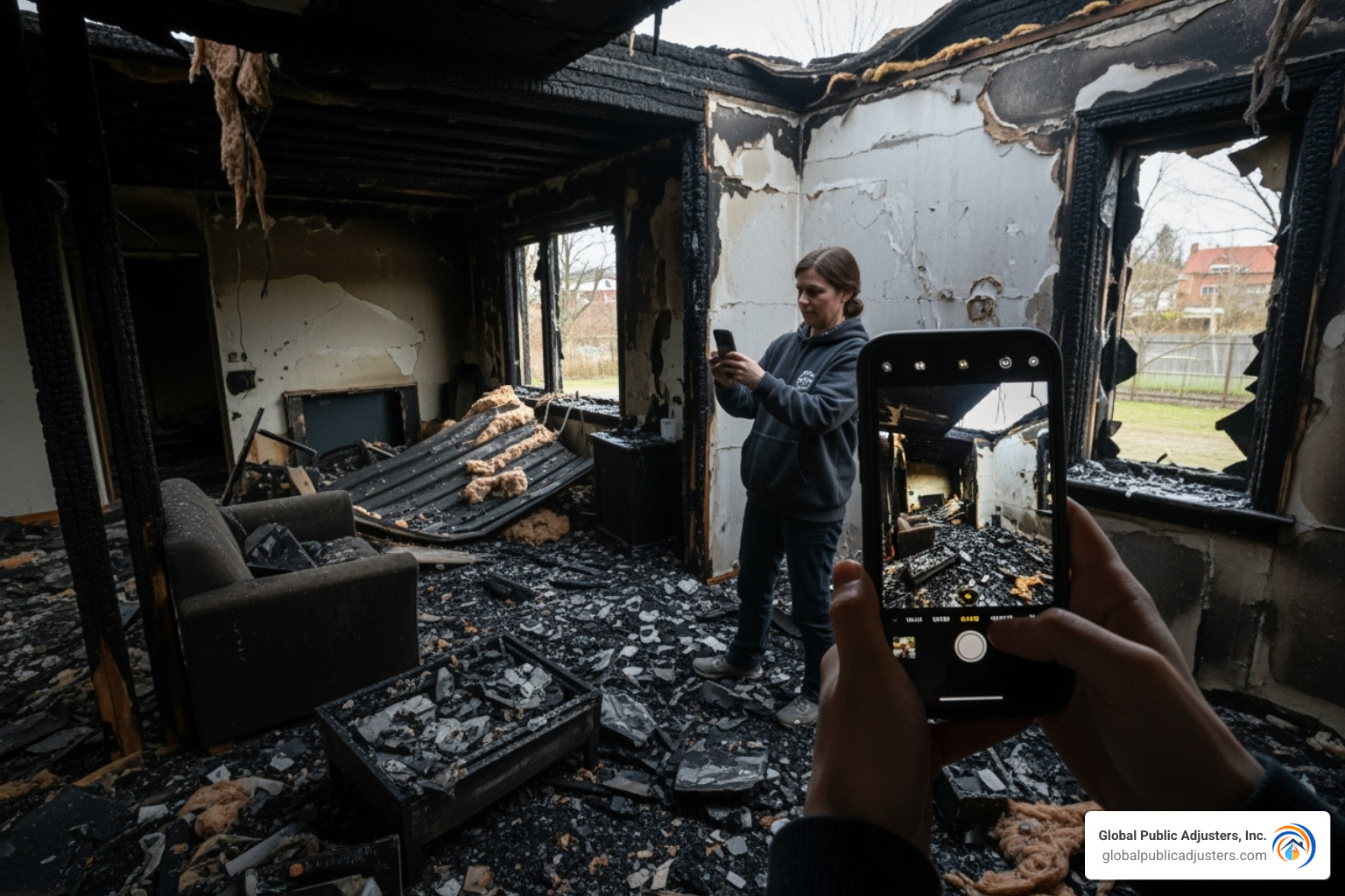 person taking photos of damaged property with a smartphone - Fire damage claim