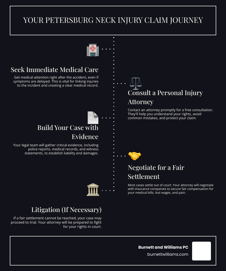 Infographic showing a simplified personal injury case timeline in deep blue and gold colors, detailing stages like accident, medical treatment, claim filing, negotiation, and potential litigation - neck injury lawsuit petersburg va infographic infographic-line-5-steps-dark