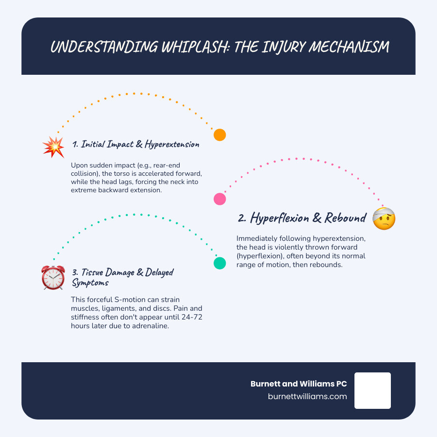 Detailed infographic showing the whiplash injury mechanism during a rear-end collision, including cervical spine anatomy, force vectors, and timeline of symptom development, branded in deep blue and gold colors with "Personal Injury Case Timeline" header - neck injury lawsuit petersburg va infographic infographic-line-3-steps-blues-accent_colors