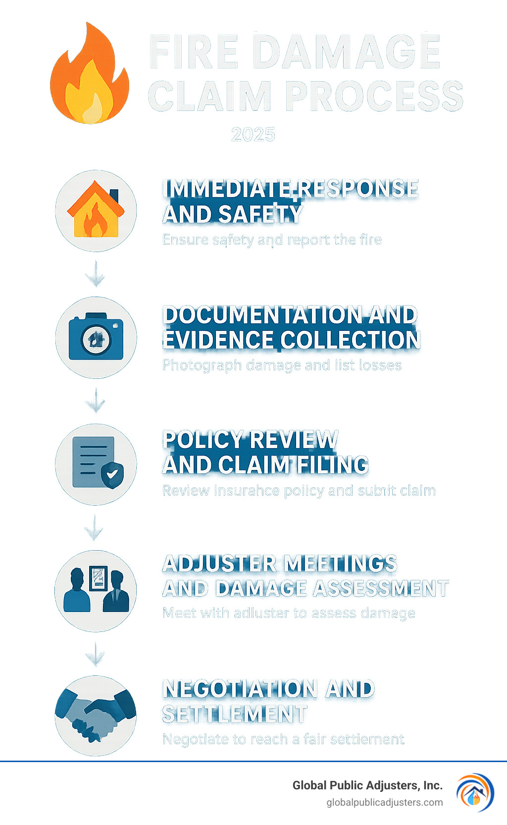 Fire damage claim process infographic showing 5 key stages: 1) Immediate response and safety, 2) Documentation and evidence collection, 3) Policy review and claim filing, 4) Adjuster meetings and damage assessment, 5) Negotiation and settlement - Fire damage claim infographic 