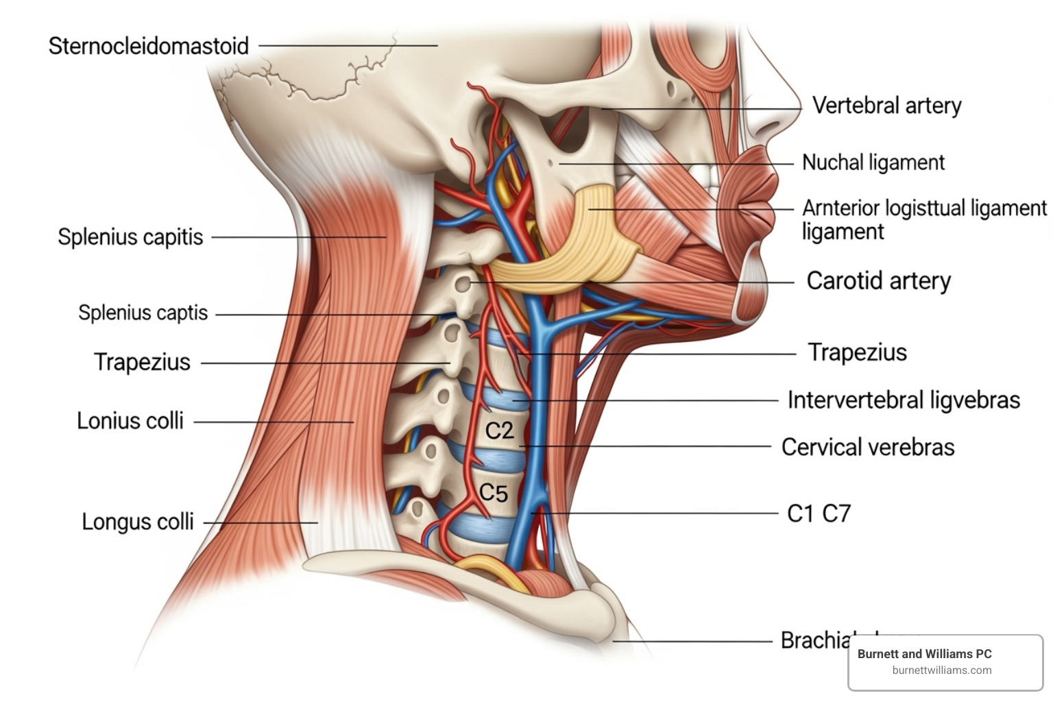 Diagram of the human neck showing muscles, ligaments, and vertebrae - neck injury lawsuit petersburg va