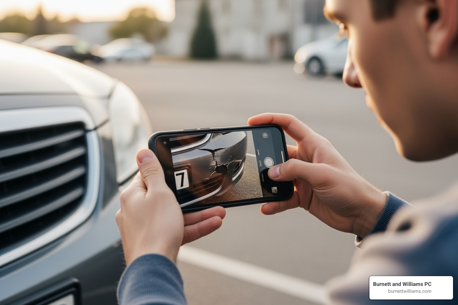 Person using a smartphone to photograph damage to a car's bumper - neck injury lawsuit petersburg va