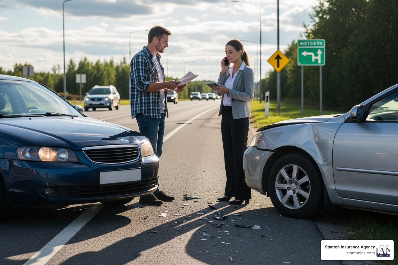 a car accident scene with two drivers exchanging information on the side of the road. - uninsured vehicle meaning a car accident scene with two drivers exchanging information on the side of the road. - uninsured vehicle meaning
