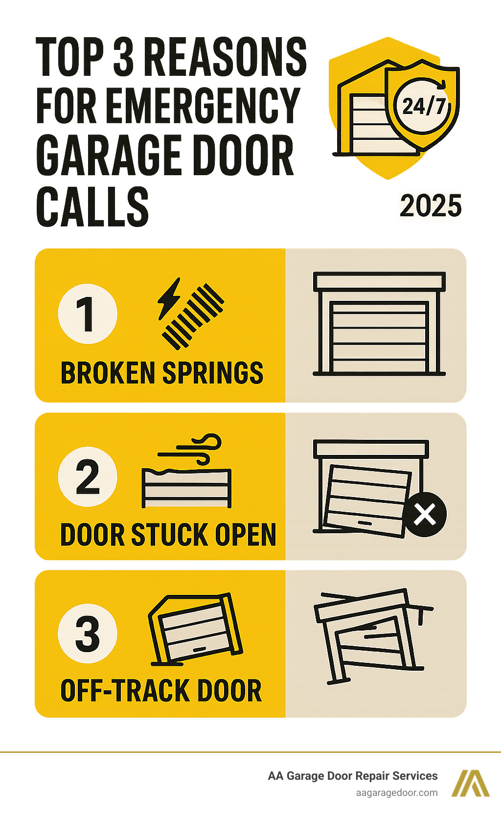 Infographic explaining the top 3 reasons for emergency garage door calls. - garage door 24 7 infographic 