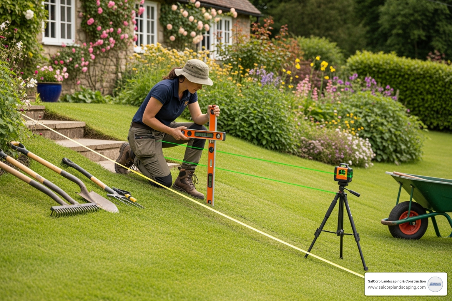 A landscape designer measuring a slope for new steps - designing garden steps