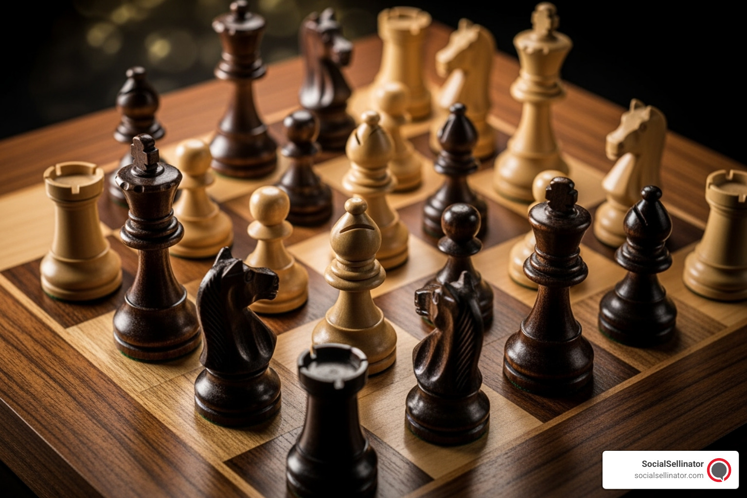 Chessboard with pieces arranged to illustrate market positioning, strategy trade-offs, and focus—visual metaphor used by a famous marketing company to define brand positioning