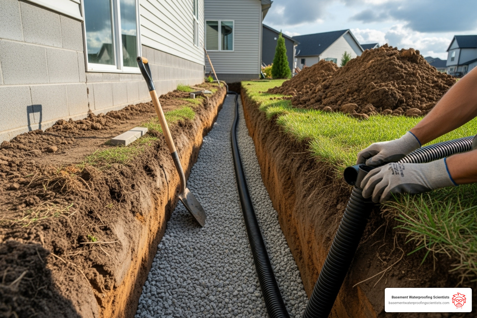 French drain installation - concrete foundation waterproofing