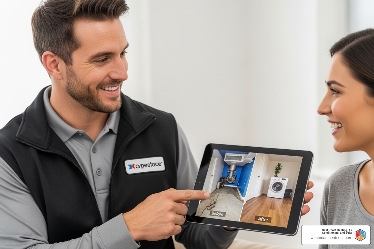 a friendly, uniformed technician showing a customer before-and-after photos on a tablet - dryer vent cleaning Oceanside
