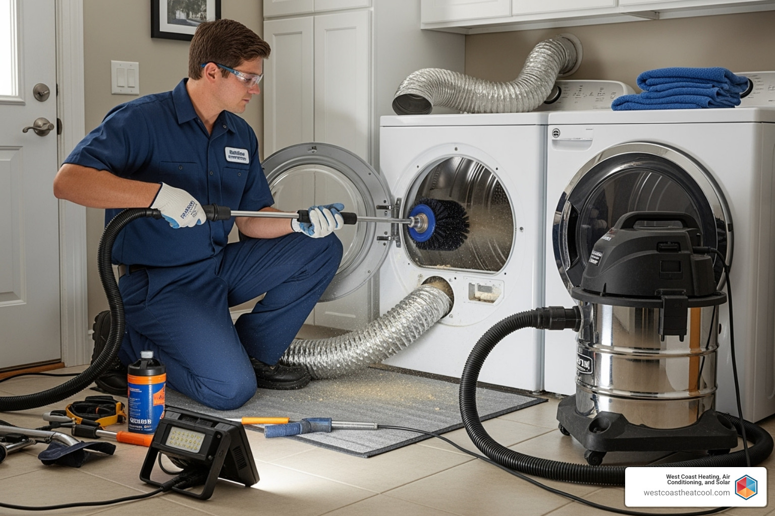 a professional technician using specialized rotary brushes and a high-powered vacuum - dryer vent cleaning Oceanside