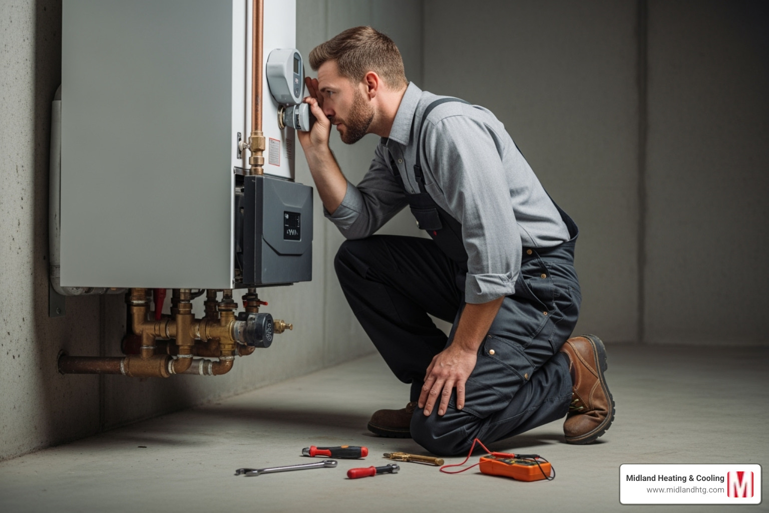 technician listening to a noisy boiler pump - boiler pump replacement technician listening to a noisy boiler pump - boiler pump replacement