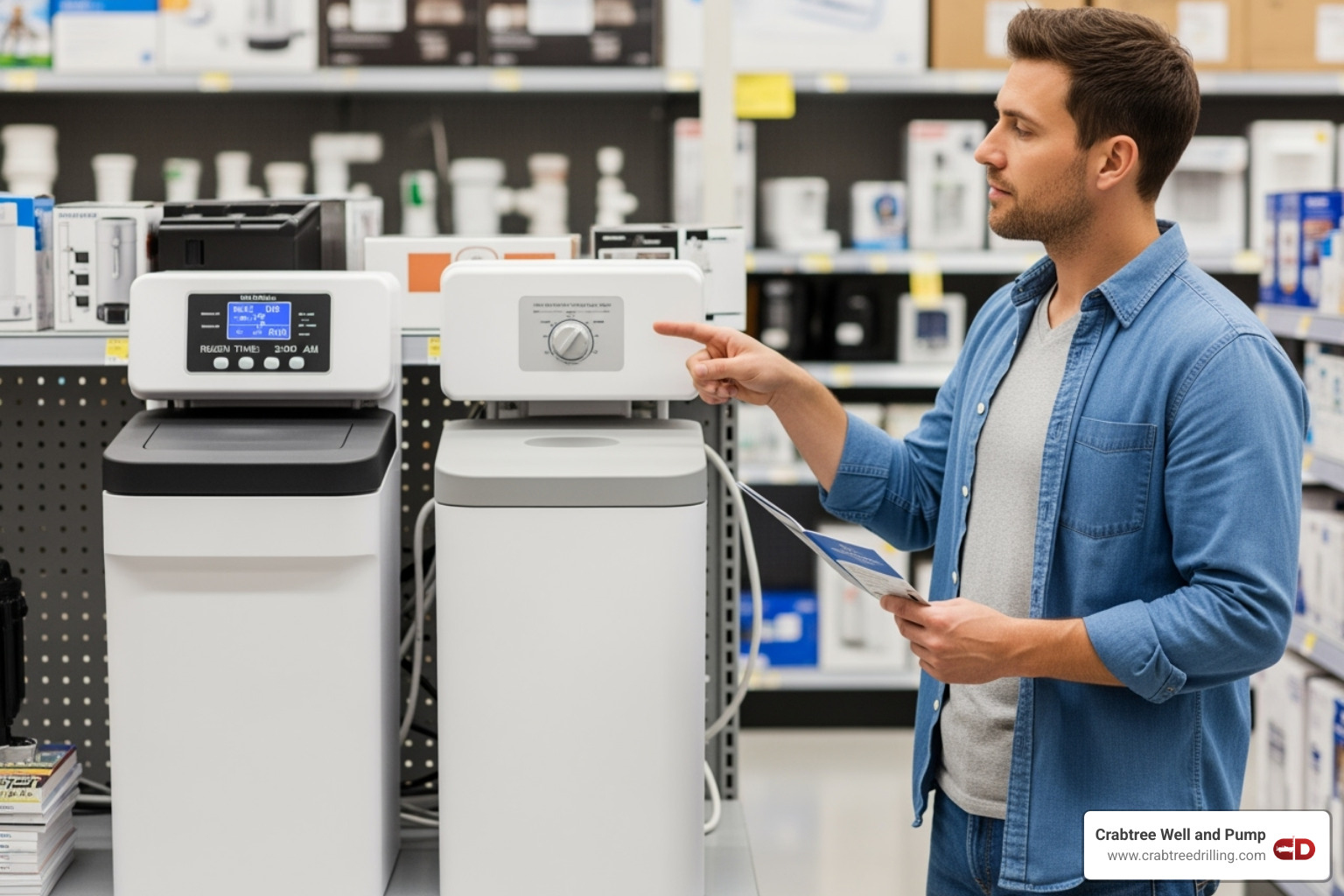of a person comparing two water softener units in a store aisle - Water softener deals