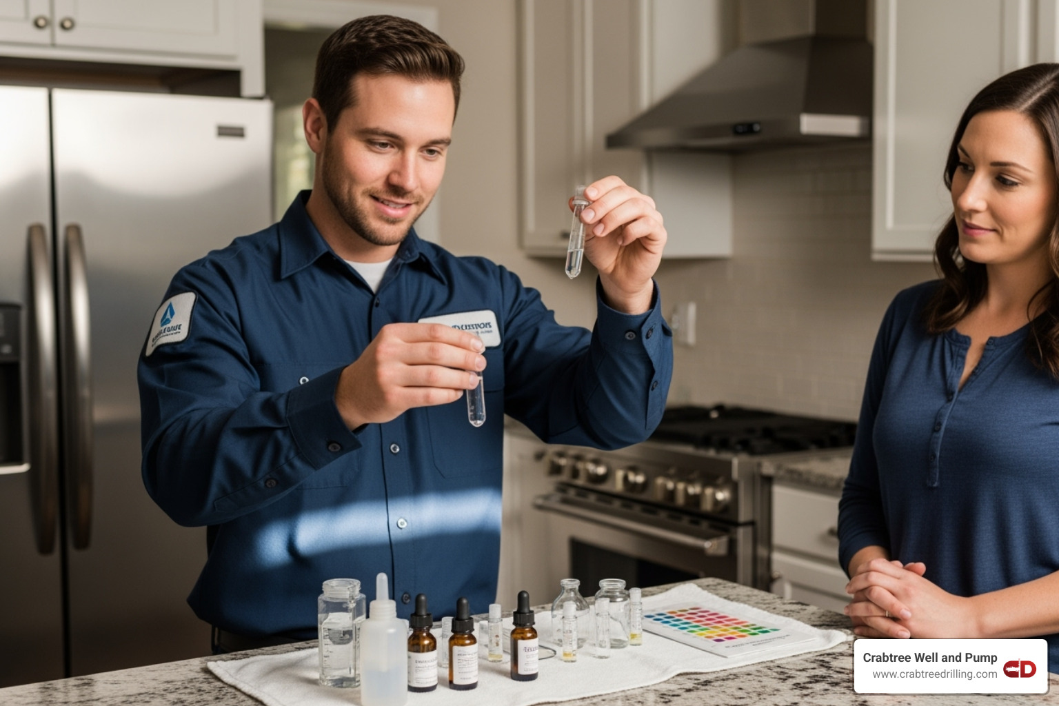 of a friendly technician performing a water test in a home kitchen - Water softener deals