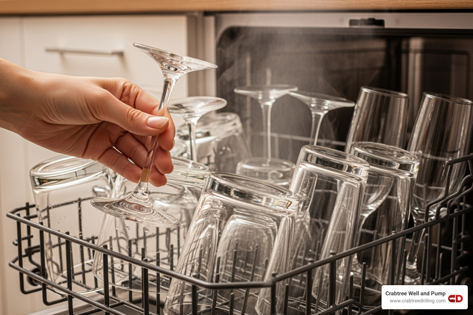 of shiny, spot-free glassware coming out of a dishwasher - Water softener deals