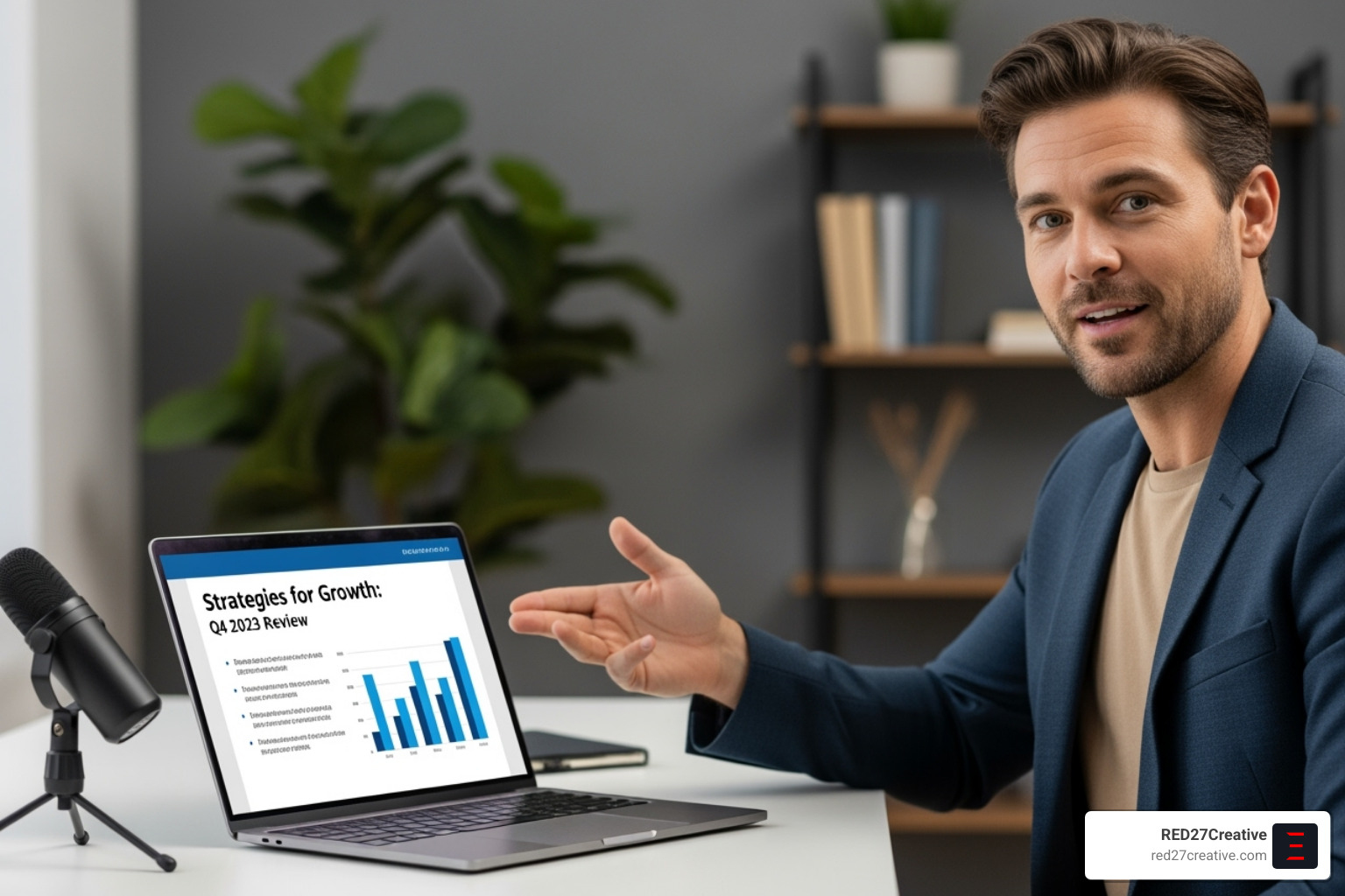 Consultant presenting a webinar on a laptop screen - Lead generation IT consulting Consultant presenting a webinar on a laptop screen - Lead generation IT consulting