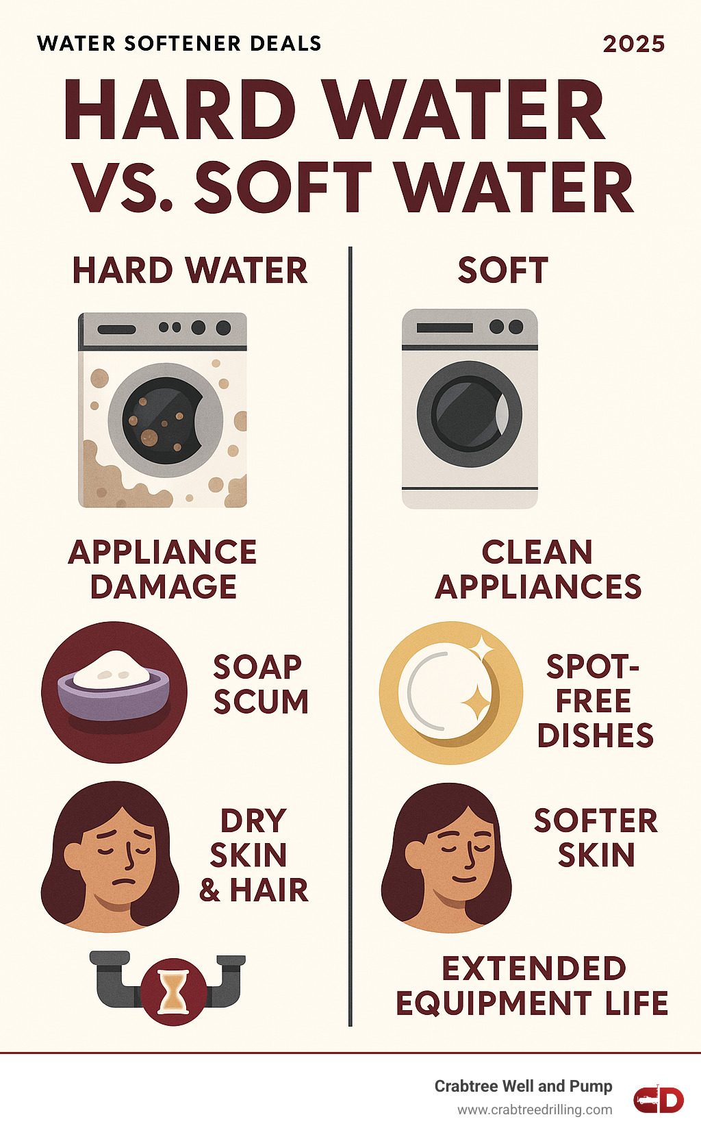 Infographic showing side-by-side comparison of hard water effects versus soft water benefits, including appliance damage from mineral buildup, soap scum formation, dry skin and hair issues on the hard water side, contrasted with clean appliances, spot-free dishes, softer skin, and extended equipment life on the soft water side - Water softener deals infographic 