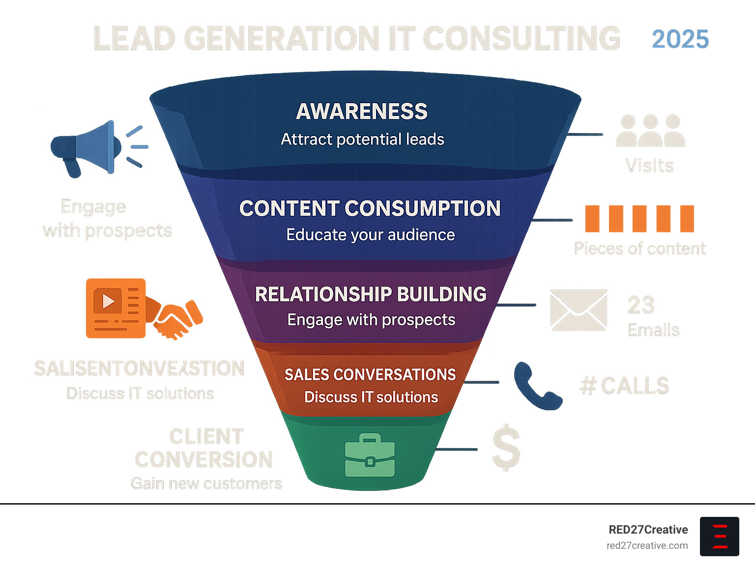 Comprehensive infographic showing the IT consulting lead generation funnel from initial awareness through content consumption, relationship building, sales conversations, and client conversion with key touchpoints and metrics - Lead generation IT consulting infographic Comprehensive infographic showing the IT consulting lead generation funnel from initial awareness through content consumption, relationship building, sales conversations, and client conversion with key touchpoints and metrics - Lead generation IT consulting infographic