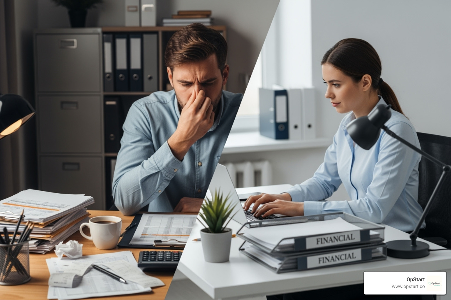 Split screen showing a business owner using spreadsheets on one side and a professional bookkeeper on the other - small business book keeping services