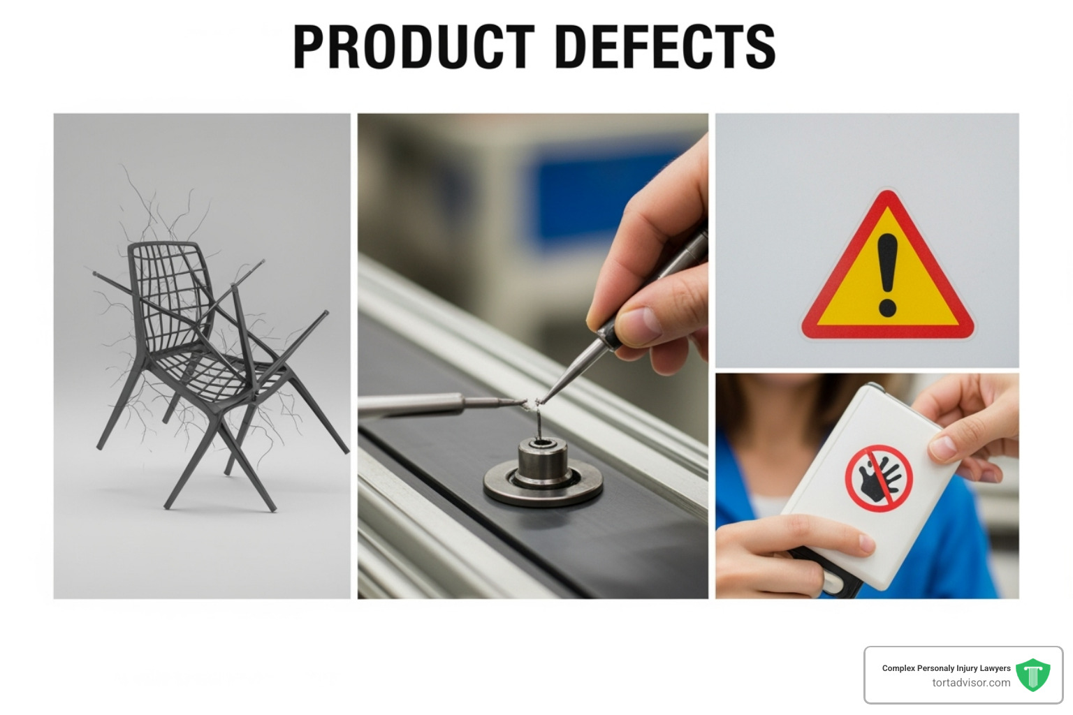 Flowchart showing three main types of product defects: Design Defect, Manufacturing Defect, and Marketing Defect (Failure to Warn), with brief descriptions for each - defective product lawyers