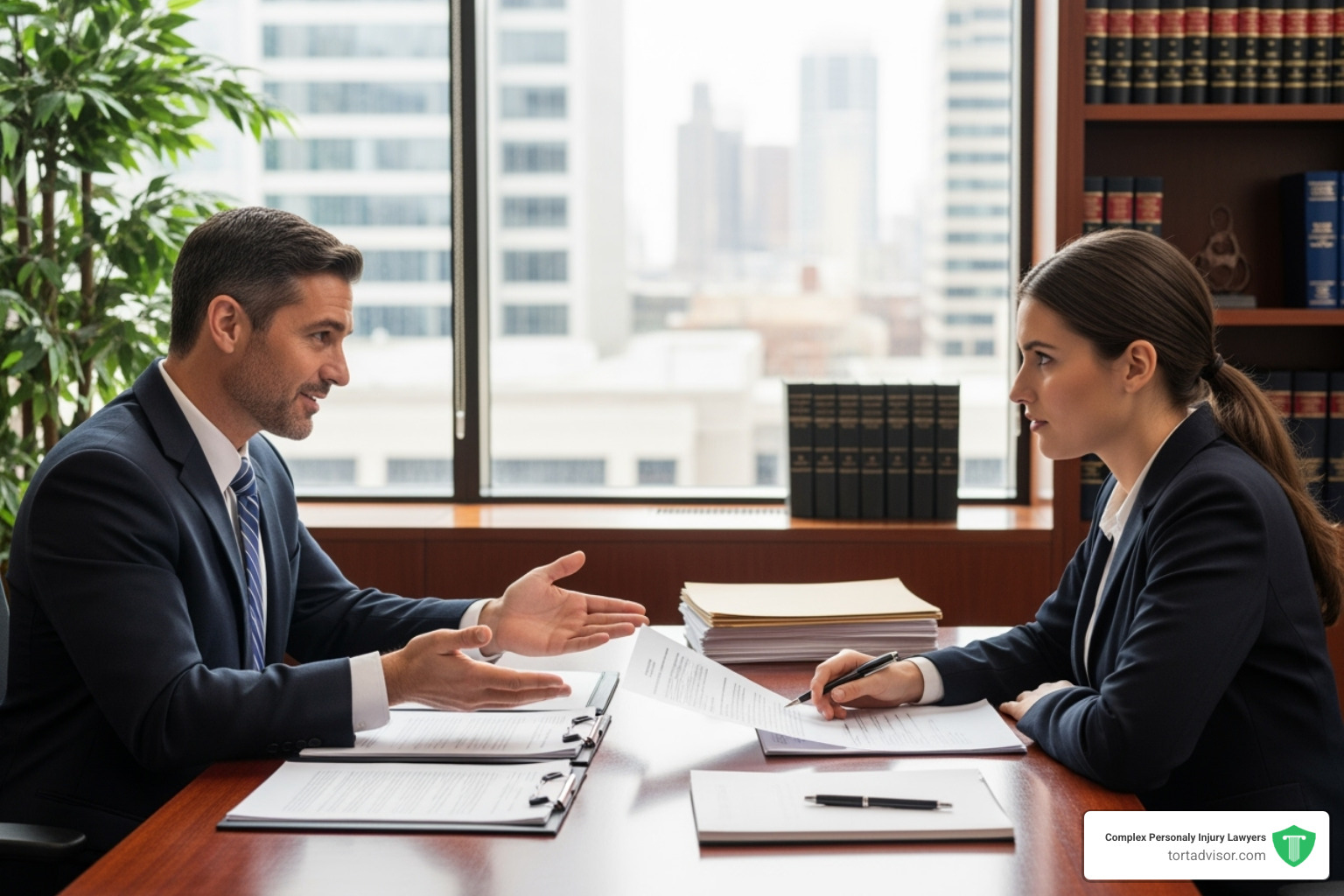A lawyer confidently speaking with a client in an office setting, both looking at documents on a desk - defective product lawyers