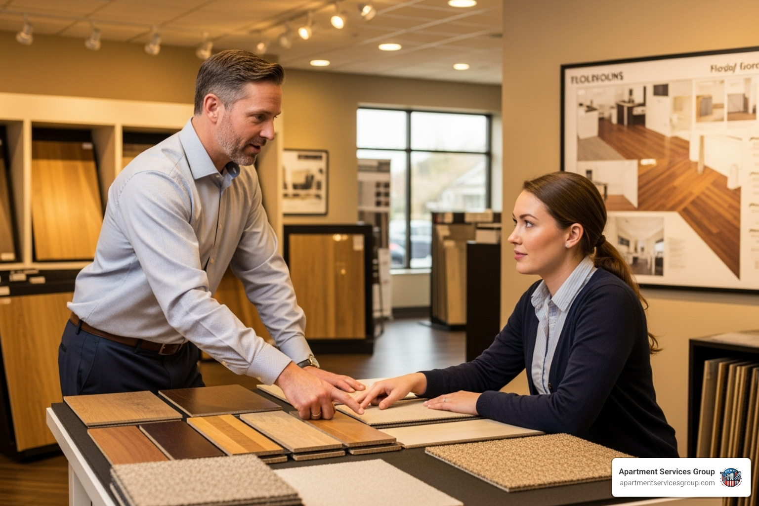 flooring expert consulting with a client over material samples - Flooring installation experts