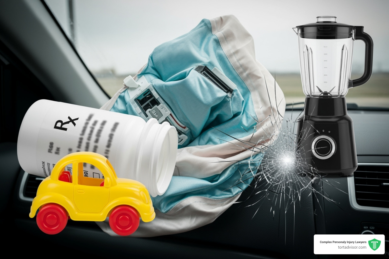 A collage of different consumer products: a car dashboard with an airbag, a pill bottle, a child's toy, and a household appliance - defective product lawyers