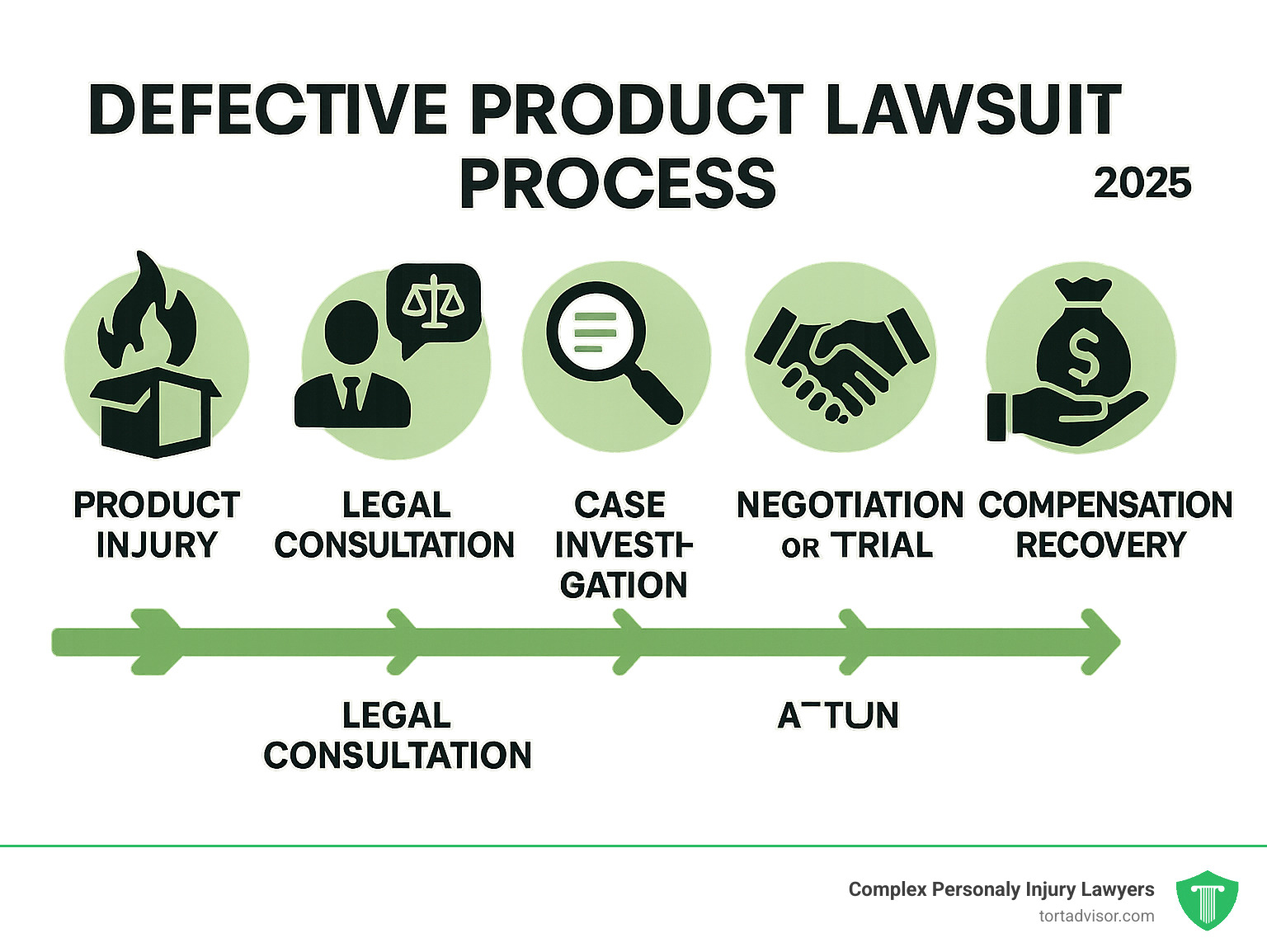 Infographic showing the journey from product injury through legal consultation, case investigation, evidence gathering, negotiation or trial, and final compensation recovery, with icons representing each stage of the defective product lawsuit process - defective product lawyers infographic 