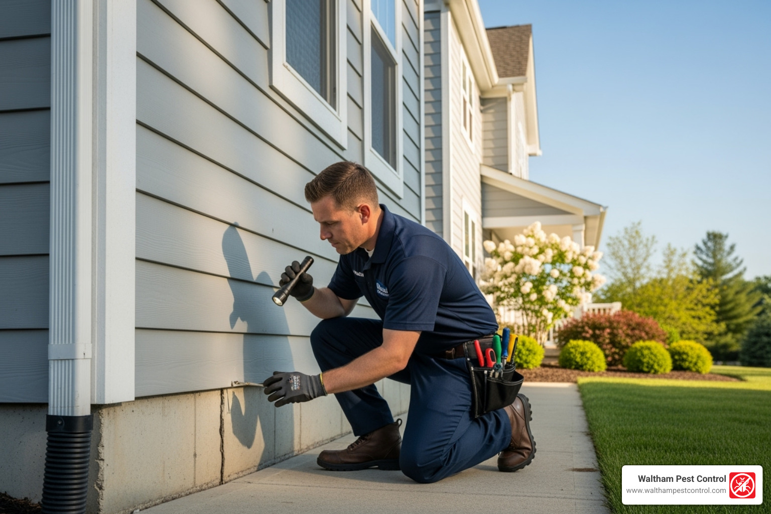 Image of a pest control technician inspecting the exterior of a home - Arlington Pest Control