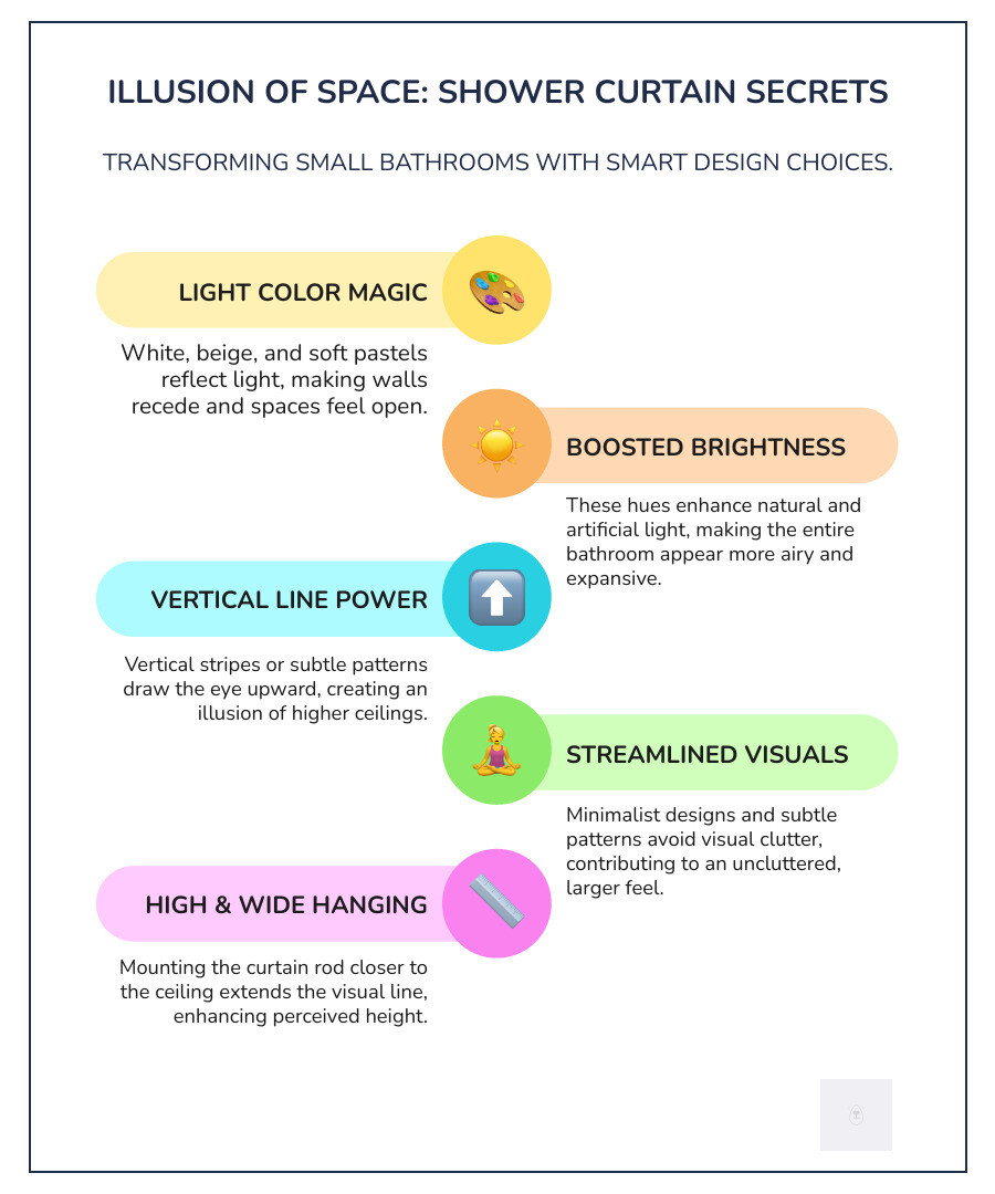 explaining how light colors and vertical patterns create an illusion of space in a small room - color schemes shower curtain ideas for small bathrooms infographic infographic-line-5-steps-colors