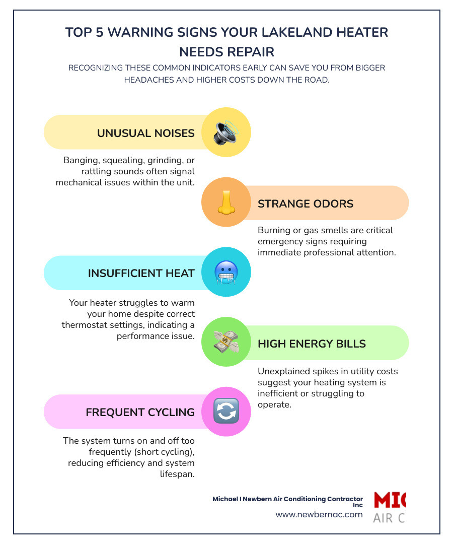 Top 5 warning signs your heating system needs immediate professional repair in Lakeland, including unusual noises from vents or unit, strange burning or gas odors, insufficient heat output despite thermostat settings, unexplained increases in energy bills, and frequent on-off cycling of the system - heating repair lakeland infographic infographic-line-5-steps-colors