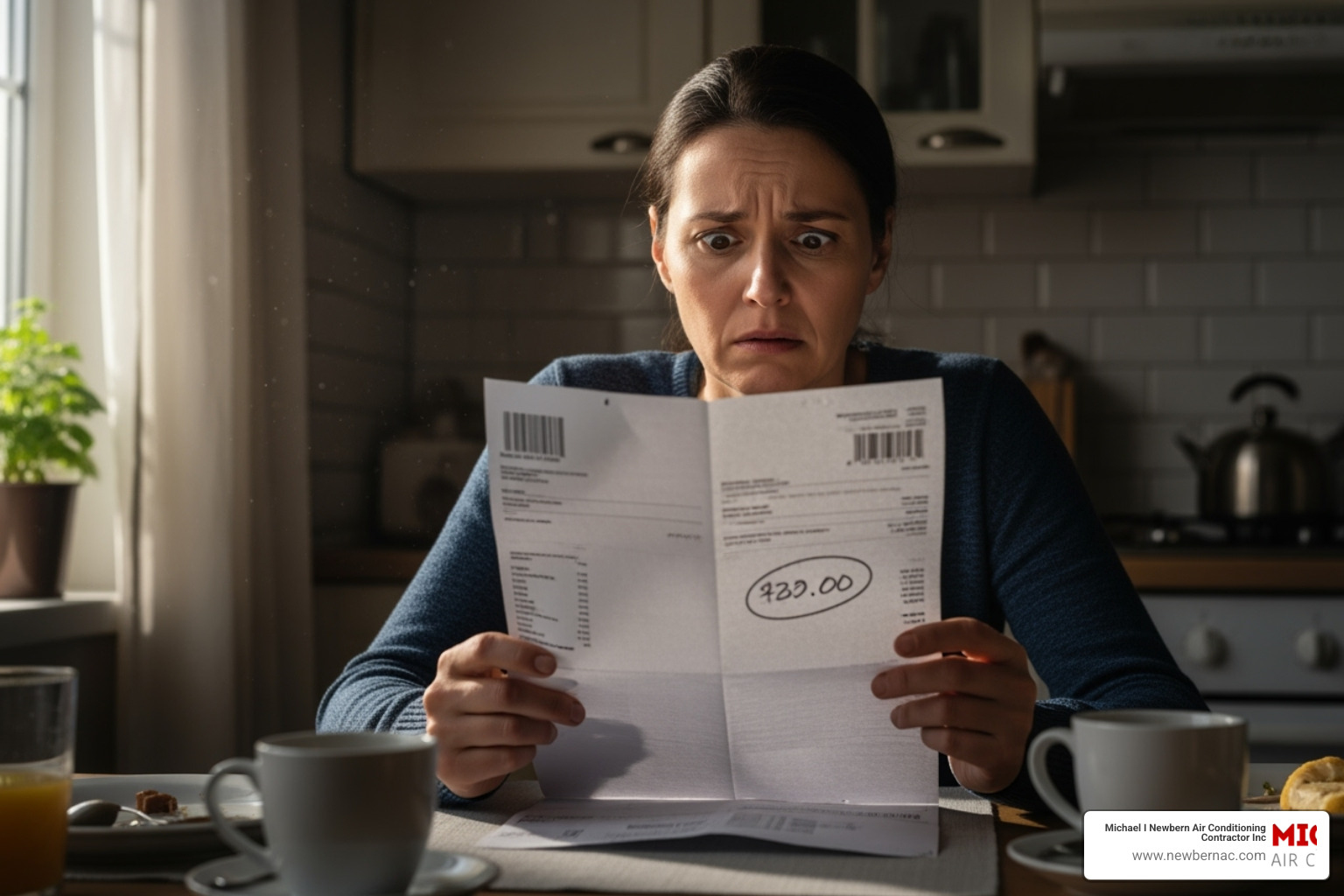 A homeowner looking concerned at a high utility bill, highlighting the financial impact of an inefficient heating system. - heating repair lakeland