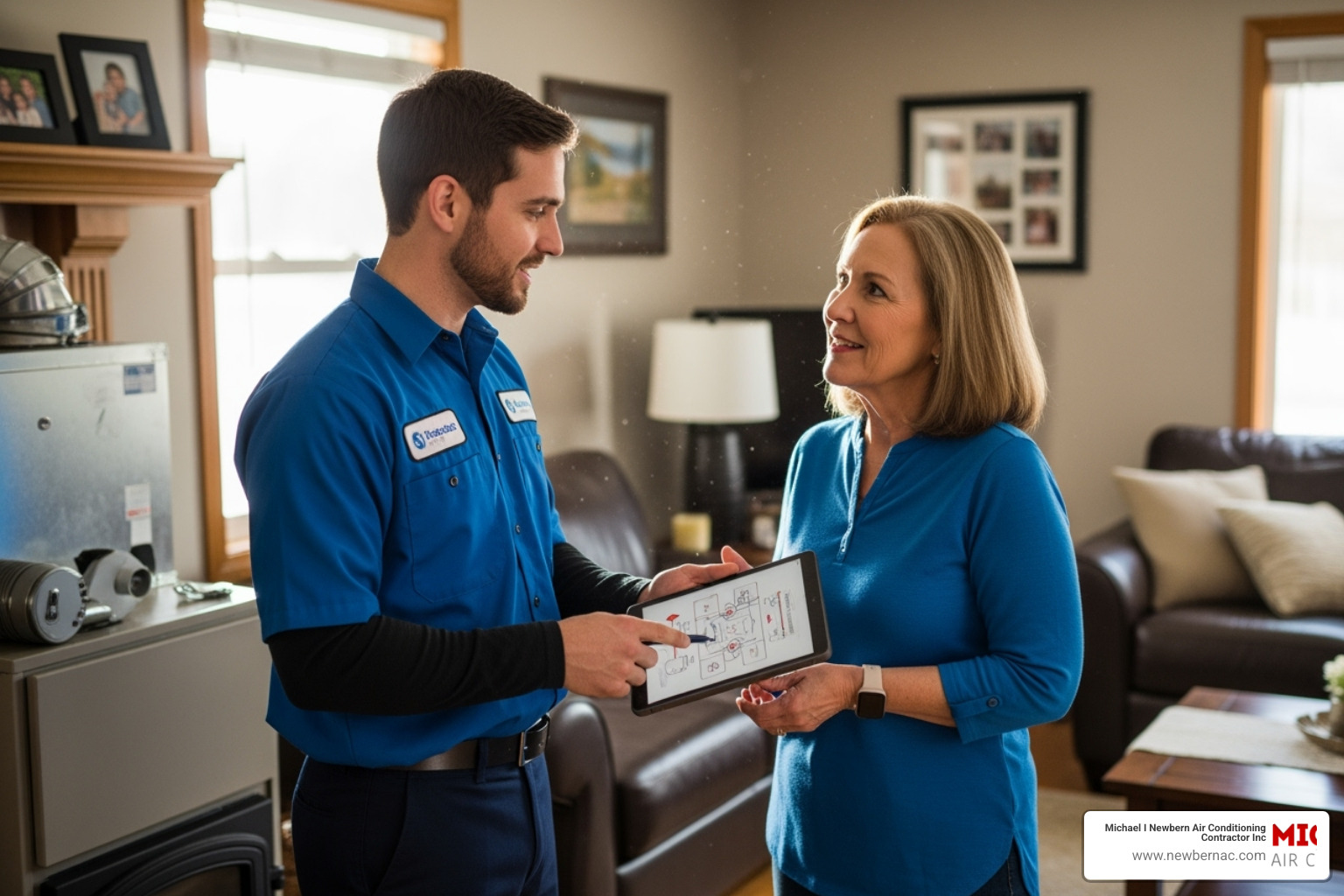 A friendly technician speaking with a homeowner in their home, discussing heating repair options and solutions. - heating repair lakeland