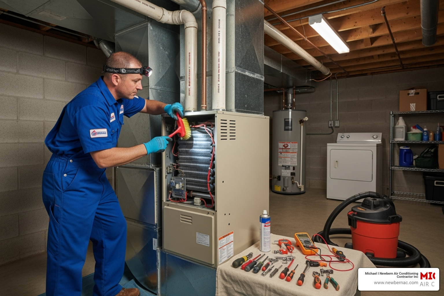 A technician cleaning a furnace component, emphasizing the importance of professional maintenance for system longevity and efficiency. - heating repair lakeland