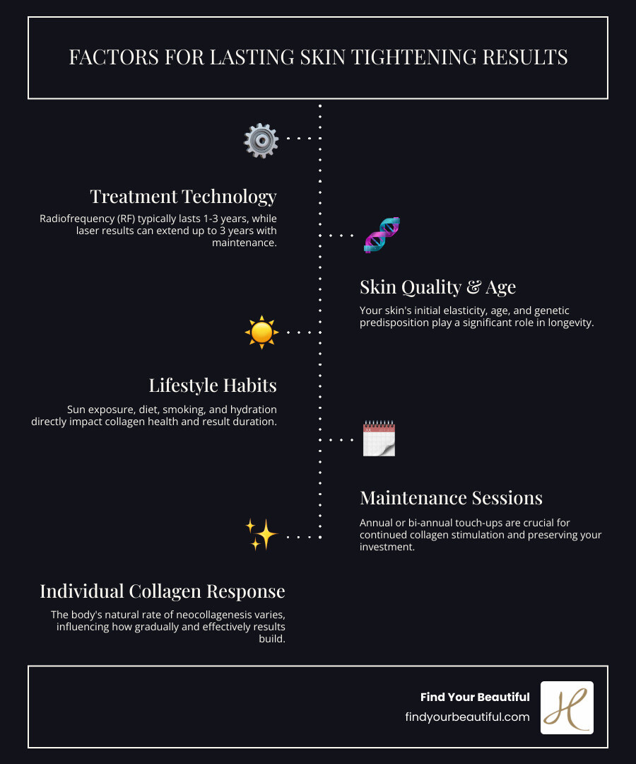 Infographic showing skin tightening result timeline from initial treatment through 3-year maintenance cycle, including factors that influence longevity such as collagen production, lifestyle habits, sun protection, and treatment technology - how long does skin tightening last infographic infographic-line-5-steps-dark