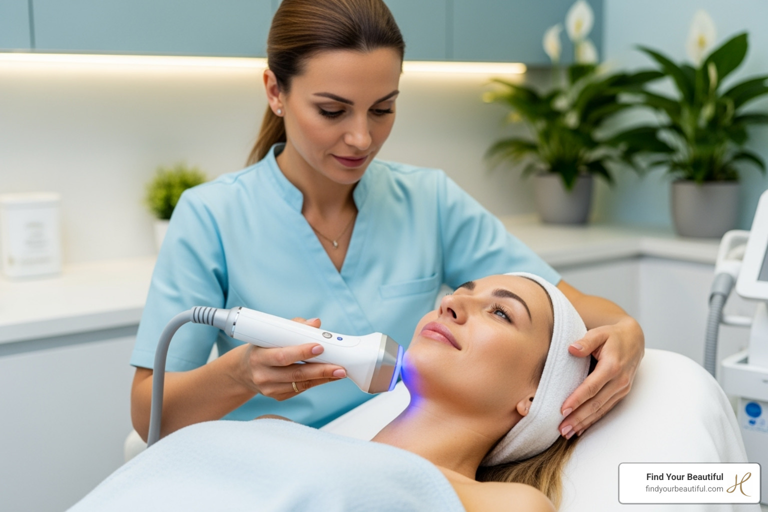 Patient comfortably receiving a non-invasive skin tightening treatment - how long does skin tightening last