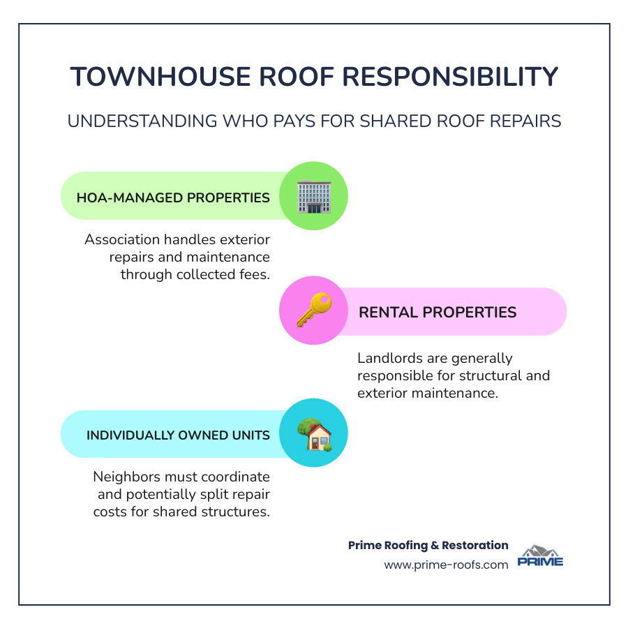 Infographic showing three main townhouse roof responsibility scenarios: HOA-managed properties where the association handles repairs through collected fees, rental properties where landlords are responsible for structural maintenance, and individually owned units where neighbors must coordinate and potentially split repair costs - Townhouse roof repair infographic infographic-line-3-steps-colors