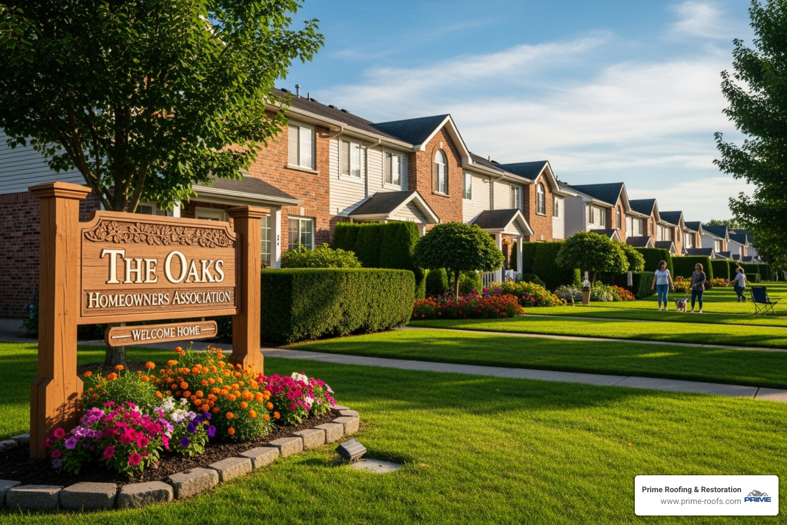A well-maintained townhouse community with a sign for the HOA, symbolizing collective responsibility and structured living - Townhouse roof repair