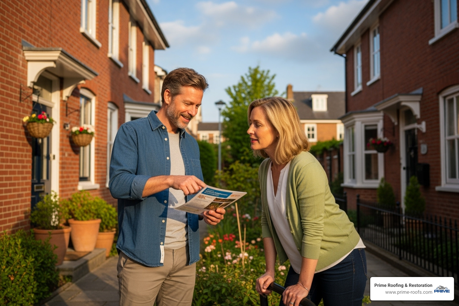 Two neighbors amicably discussing a document outside their townhouses, highlighting the importance of open communication in shared property matters - Townhouse roof repair