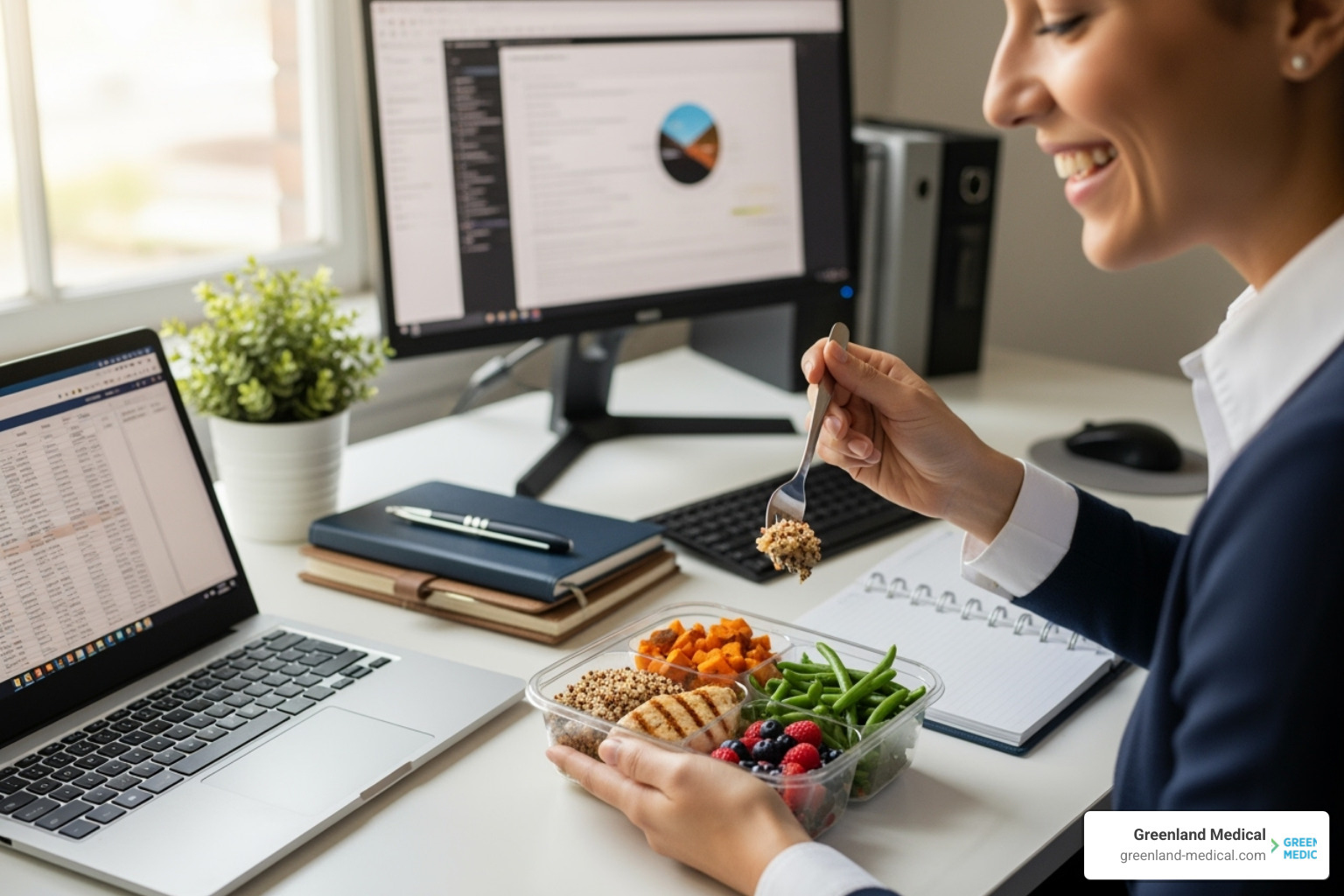 a person happily eating a healthy pre-made meal at their desk - gut health meal delivery