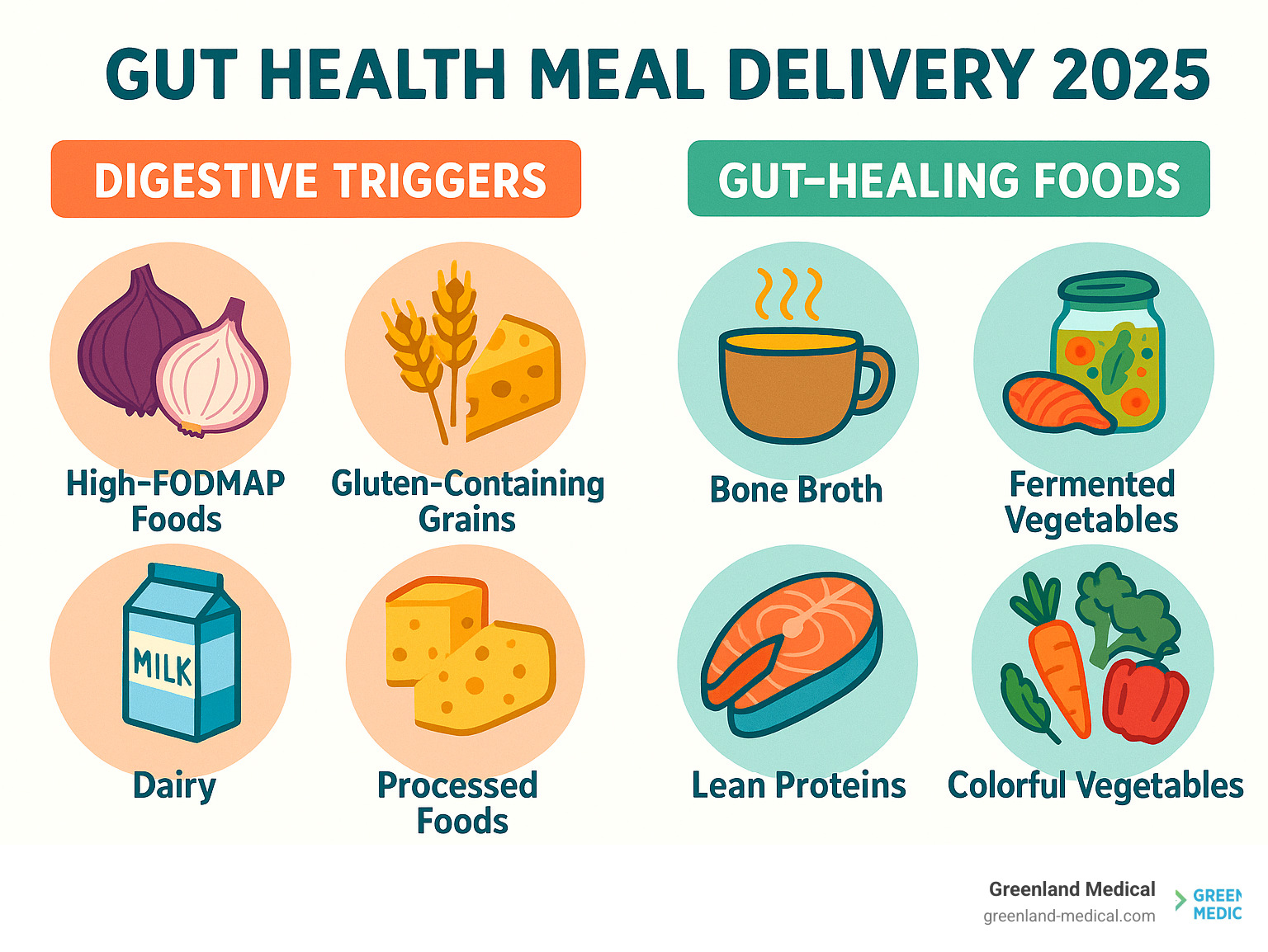 Infographic showing common digestive triggers including high-FODMAP foods like onions and garlic, gluten-containing grains like wheat and barley, dairy products like milk and cheese, processed foods with artificial additives, and inflammatory foods like refined sugars, alongside gut-healing foods like bone broth, fermented vegetables, lean proteins, and colorful vegetables - gut health meal delivery infographic 