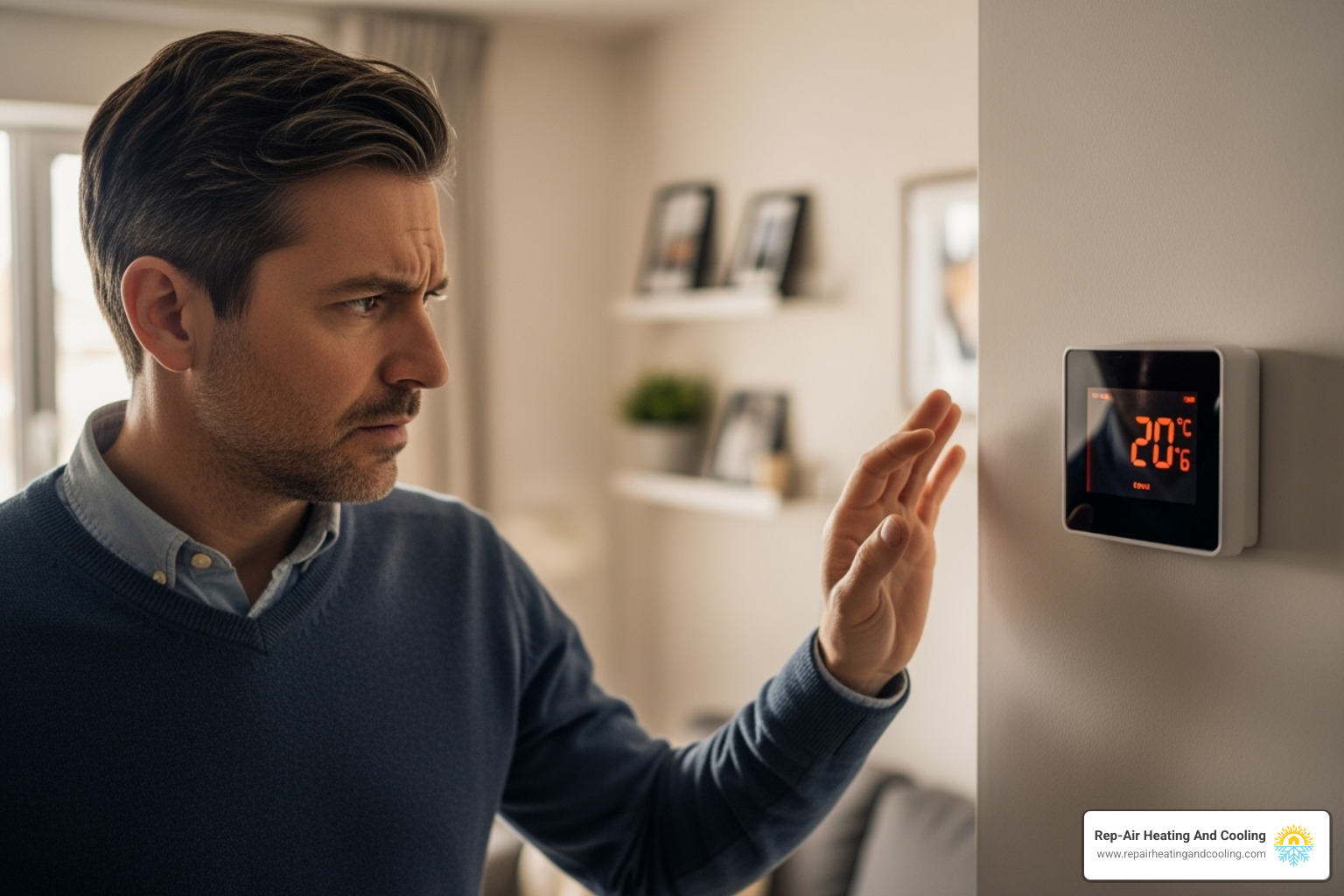 Homeowner looking concerned at their thermostat - ac service mission bc