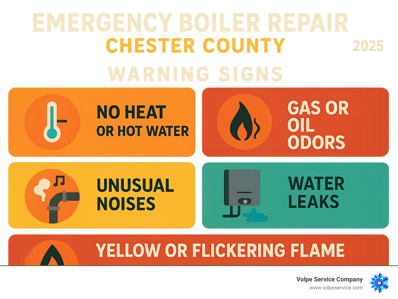 Infographic showing 5 critical boiler emergency warning signs: no heat or hot water production, strong gas or oil odors indicating potential leaks, unusual noises like banging or whistling sounds, visible water leaks or pooling around the unit, and yellow or flickering pilot light flames - emergency boiler repair chester county infographic 