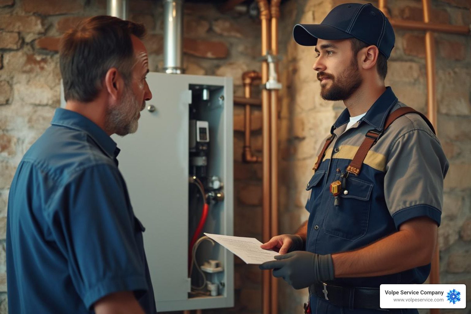 a technician explaining a repair to a homeowner - emergency boiler repair chester county