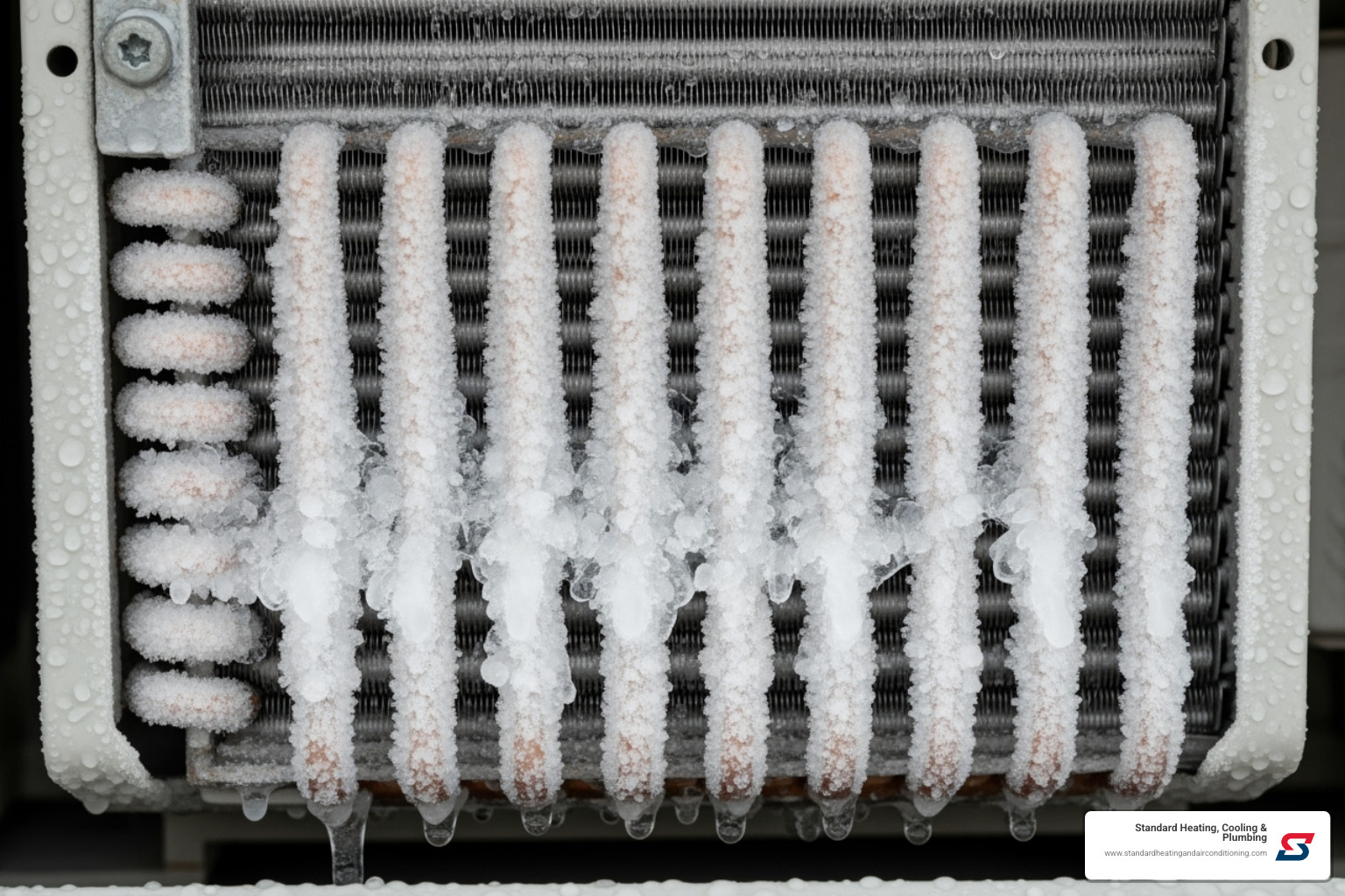 A frozen evaporator coil covered in ice - ac blowing hot air A frozen evaporator coil covered in ice - ac blowing hot air