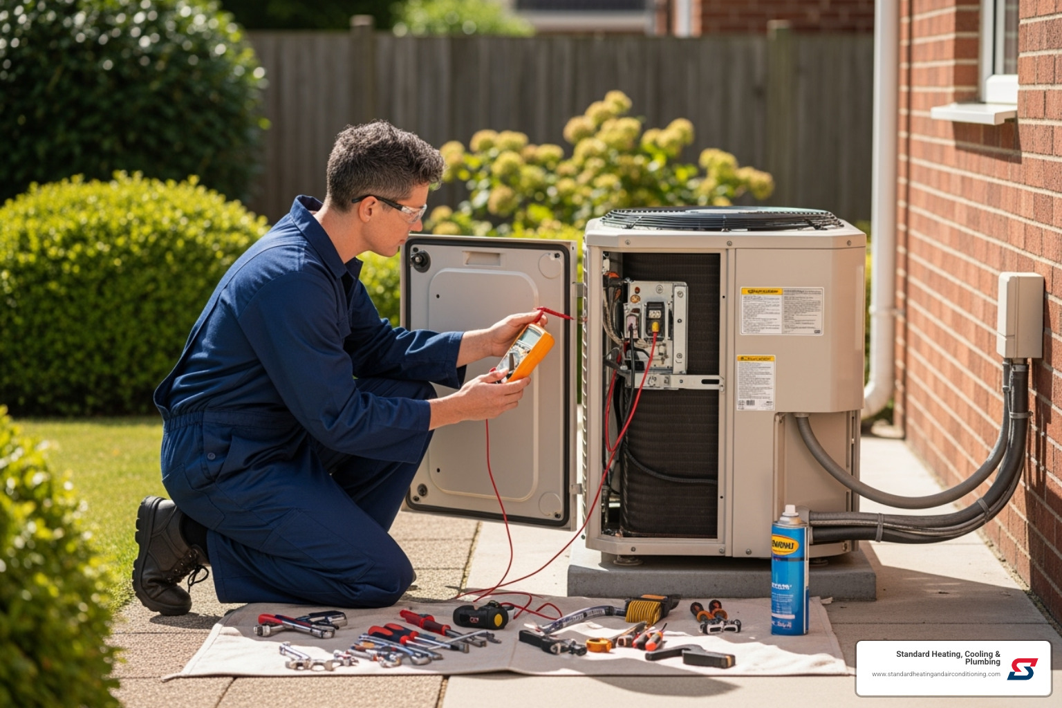 An HVAC technician inspecting an outdoor compressor unit - ac blowing hot air An HVAC technician inspecting an outdoor compressor unit - ac blowing hot air